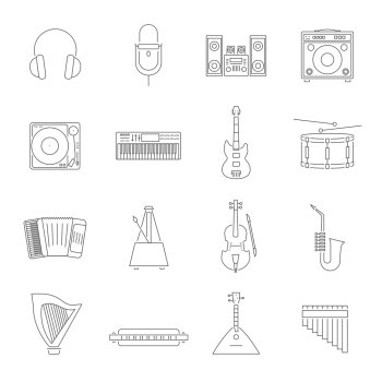 Outline Melody Icon Set. Outline style music instruments and accessories icons with piano mic violin drum and others isolated vector illustration