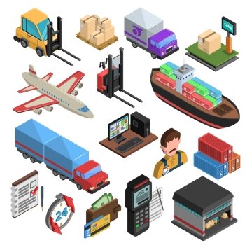 Delivery Types Isometric Icons Set. Delivery types and logistic chain isometric icons with loader truck ship aircraft container warehouse weighing machine isolated vector illustration