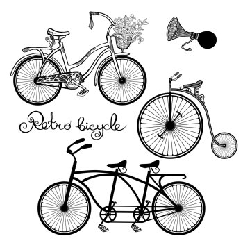 Retro style mono and tandem bicycles hand drawn set isolated vector illustration. Retro Bicycles Set