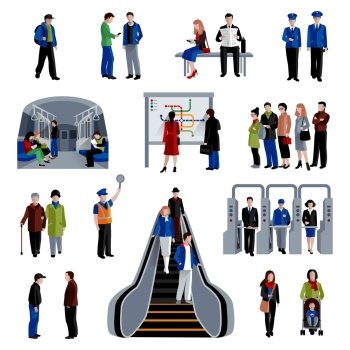 Subway passengers flat icons collection. Subway rapid transit trains system flat icons set with passengers on platform flat  abstract isolated vector illustration