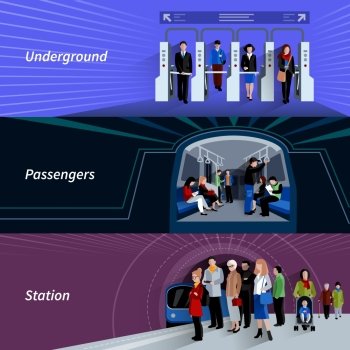 Subway passengers flat banners set. Subway passengers by payment checkpoints at the underground metro station flat banners set abstract isolated vector illustration
