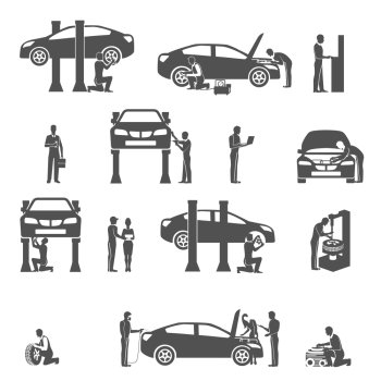 Auto mechanic black icons set. Auto mechanic technician  performing diagnostic test and  full car service black icons set abstract vector isolated illustration