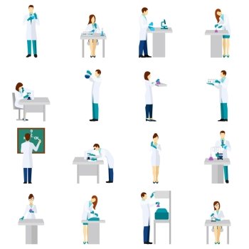 Scientist person flat icons set with men and women in laboratory isolated vector illustration. Scientist Person Flat Set