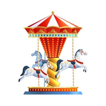 Realistic retro carousel with three colored horses isolated on white background vector illustration. Realistic Carousel Isolated