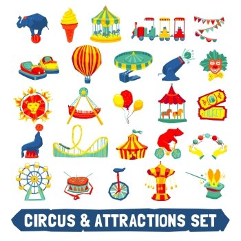 Circus and attraction icons set with animals clown rides symbols flat isolated vector illustration. Circus Icons Set