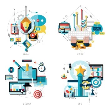 Creative Work Icons Set. Creative work and ideas icons set with computer design projects and success flat isolated vector illustration 