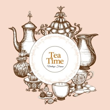 Vintage tea frame with traditional sketch kitchen utencil vector illustration. Vintage Tea Frame