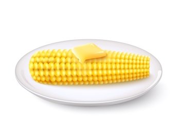 Realistic corn cob with butter on white saucer vector illustration. Realistic Corn Cob