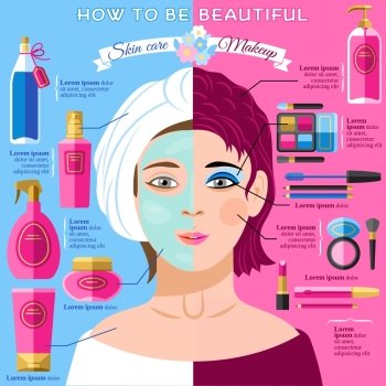 Skincare makeup beauty infographics poster. Skincare and makeup tips for healthy face skin and beauty infographic poster with pictograms abstract vector  illustration