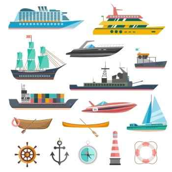 Ships Icons Set .  Ships yachts and boats icons set with navigation symbols flat isolated vector illustration 
