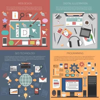 Web Design Concept. Web design concept set with with seo technology programming flat icons isolated vector illustration