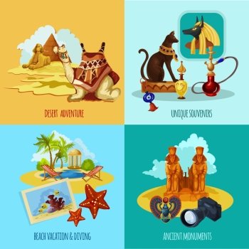 Egypt touristic set with cartoon desert and beach adventures icons isolated vector illustration. Egypt Touristic Set