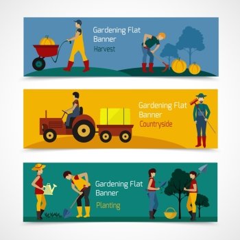 Gardening people horizontal banners set with vegetable and fruit trees planting flat icons isolated vector illustration. Gardening People Flat Banners