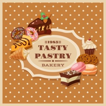 Vintage bakery flyer frame with sweets and pastry vector illustration. Vintage Pastry Frame