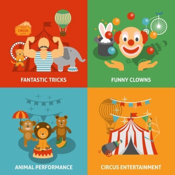 Circus Icons Set . Circus icons set with fantastic tricks funny clowns animal performance and entertainment flat isolated vector illustration 