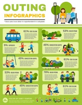 Outing infographics set with families with kids outdoors vector illustration. Outing Infographics Set