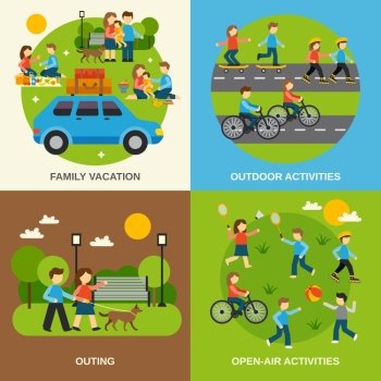 Outing design concept set with family vacation isolated vector illustration. Outing Flat Set