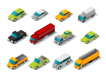 Isometric car icons set with 3d vans and trucks isolated vector illustration. Isometric Car Icons Set