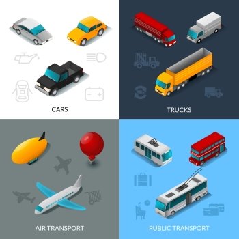 Transport design concept set with cars trucks air and public transport isometric icons isolated vector illustration. Isometric Transport Set