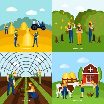 Farming 4 flat icons square poster. Farming crop agriculture and domestic animals raising 4 flat icons composition square poster abstract isolated vector illustration