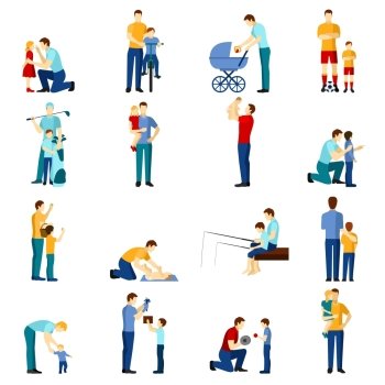Fatherhood icons set. Fatherhood flat icons set with father playing with children  isolated vector illustration.