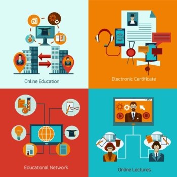 Online education set with educational network flat icons isolated vector illustration. Online Education Set