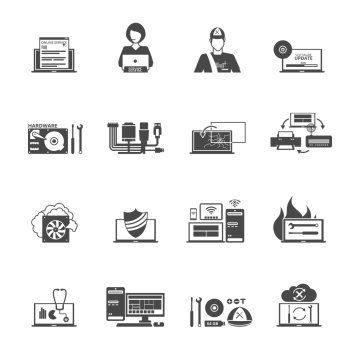 Computer Service Icons Set . Computer service black white icons set with technical support and settings symbols flat isolated vector illustration 