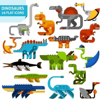 Cute cartoon flat dinosaur animals icons set isolated vector illustration. Dinosaur Icons Set