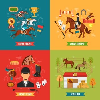 Horse Riding Design Concept Set .  Horse riding design concept set with jockey items race and stabling flat  vector illustration