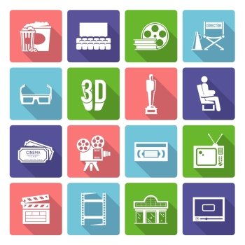 Cinema Icons Flat. Cinema and film industry flat long shadow icons set isolated vector illustration