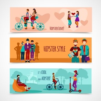 Hipster people horizontal banner set with flat love and leisure elements isolated vector illustration. Hipster People Flat Banner Set