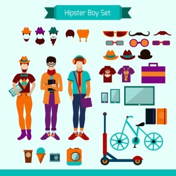 Hipster boy style set with trendy accessories isolated vector illustration. Hipster Boy Set