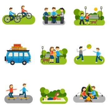 Flat icon outing with people outdoors activities isolated vector illustration. Flat Icon Outing