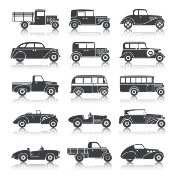 Retro style cars black silhouettes icons set isolated vector illustration. Retro Cars Set