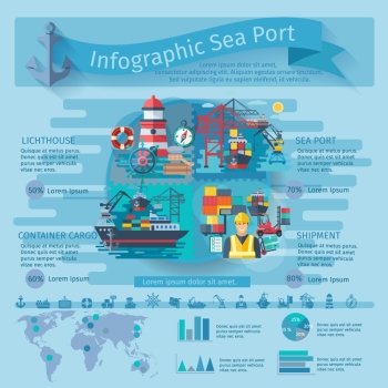 Sea port infographics set with container ships symbols and charts vector illustration. Sea Port Infographics Set