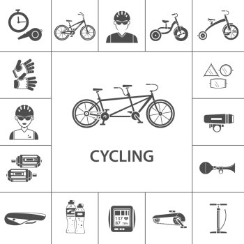 Bicycle black icons set with sportsmen avatars isolated vector illustration. Bicycle Black Icons Set