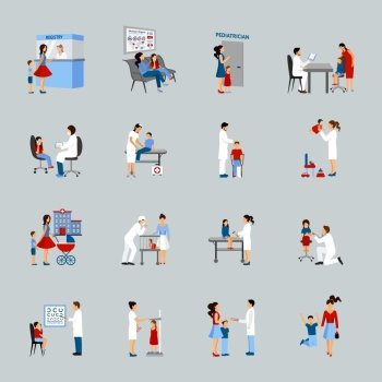 Pediatrician icons set with doctors children and parents silhouettes isolated vector illustration. Children Doctor Pediatrician Set