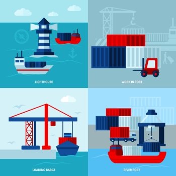 Flat Color Seaport  Concept . Flat color seaport  concept  with ships lighthouse  and port facilities vector illustration