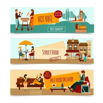 Eating people horizontal banner set with street food bbq isolated vector illustration. Eating People Banner Set