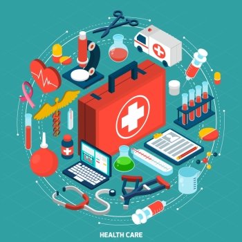 Healthcare concept isometric icon. Healthcare management for international medical organizations concept model isometric round pictograms composition icon poster abstract vector illustration