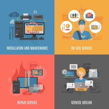 Computers repair 4 flat icons square . Computers installation maintaining and repair online service 4 flat icons square composition banner abstract isolated vector illustration
