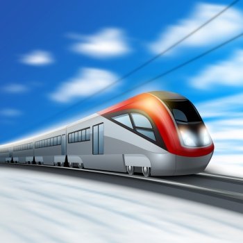 Modern high speed train in motion with blur sky on background vector illustration. Modern Train In Motion