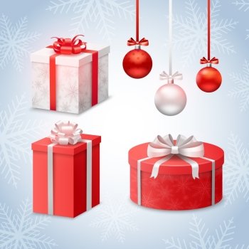 Christmas balls and gift boxes on snowflakes background vector illustration. Christmas Balls And Gift Boxes