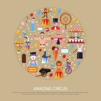 Amazing Circus Concept . Amazing circus concept with clown gymnast strongest man and magician flat vector illustration 