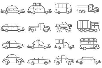 Cars Line Icons Set . Cars line black white icons set with family and service cars flat isolated vector illustration 
