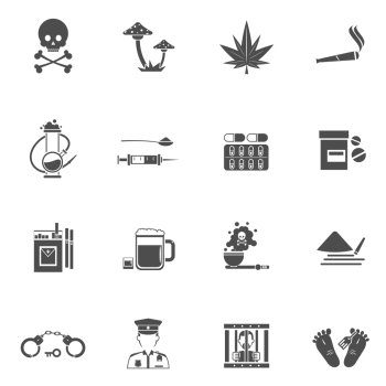 Drugs Black White Icons Set . Drugs black white icons set with danger for life symbols flat isolated vector illustration 
