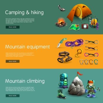 Climbing interactive 3d banners set. Alpine mountain climbing camping and hiking equipment interactive website 3d horizontal  banners set abstract isolated vector illustration
