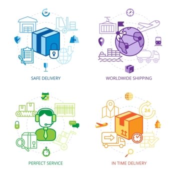  Logistics Design Line Icons Set . Logistics design line icons set with safe delivery worldwide shipping and perfect service symbols flat isolated vector illustration 