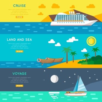 Nautical travel concept horizontal banners set . Sea cruise voyage and land excursions vacation tour 3 flat horizontal banners set abstract isolated vector illustration
