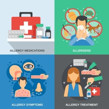 Allergy design concept set with medications and symptoms isolated vector illustration. Allergy Flat Set